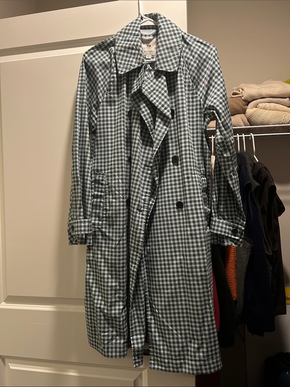 FREE ASSEMBLY Women's Green Baby Blue Gingham Trench Coat Medium